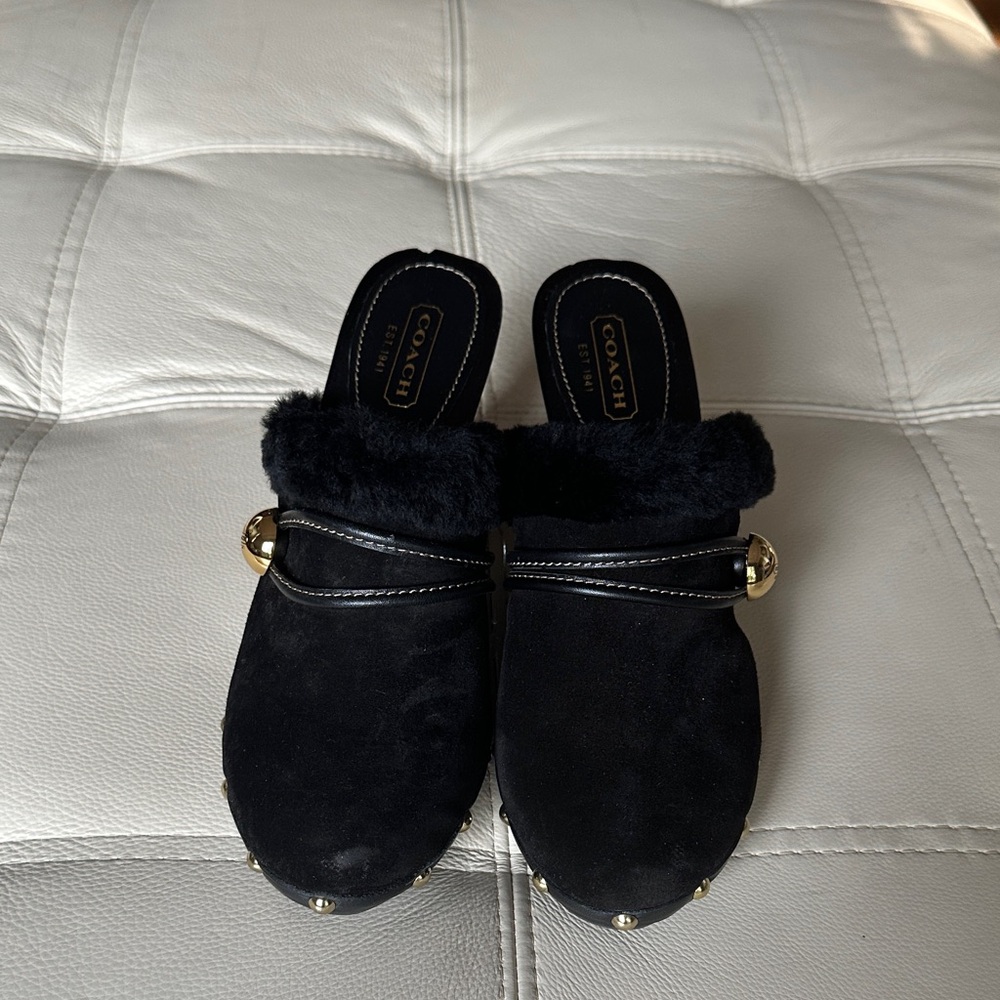 Coach Suede Fur-Lined Mules Black Gold Accents Size 9 (Flaw)
